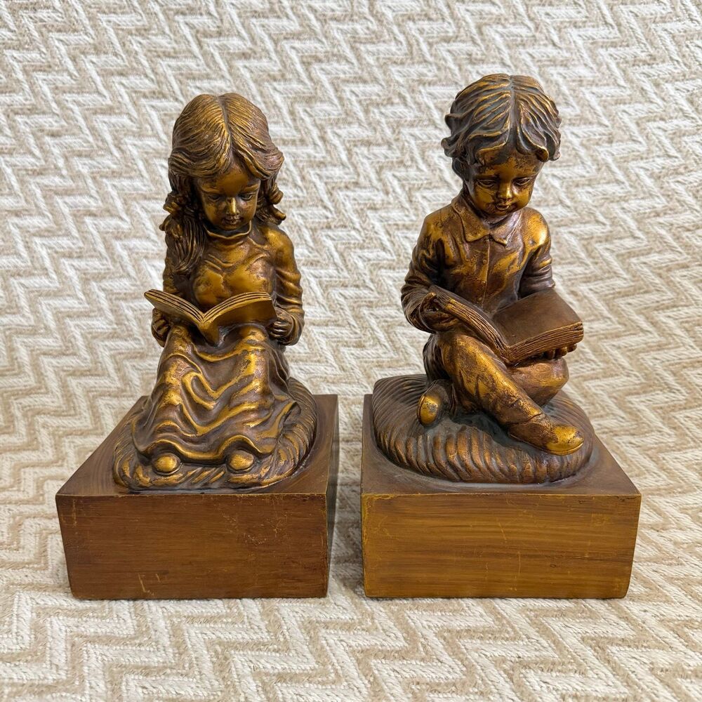 Vintage Book Ends Antique Gold Color Boy Girl Reading